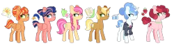 Size: 1953x514 | Tagged: safe, artist:whalepornoz, derpibooru import, oc, oc:apple blossom, oc:apple quill, oc:sapphire, oc:starfall, oc:strawberry jam, oc:sunrise sky, unofficial characters only, earth pony, pegasus, pony, unicorn, adoptable, braid, clothes, female, freckles, hair bun, jewelry, mare, necklace, next generation, offspring, parent:applejack, parent:big macintosh, parent:cheese sandwich, parent:fancypants, parent:flash sentry, parent:fluttershy, parent:hoops, parent:pinkie pie, parent:rainbow dash, parent:rarity, parent:trenderhoof, parent:twilight sparkle, parents:cheesepie, parents:flashlight, parents:fluttermac, parents:hoopsdash, parents:raripants, parents:trenderjack, simple background, suit, transparent background