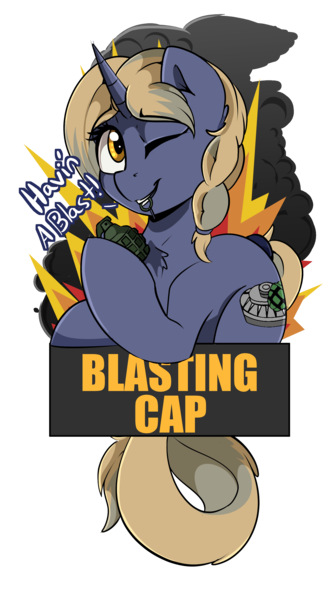 Size: 1904x3408 | Tagged: artist:beardie, badge, con badge, derpibooru import, grenade, oc, oc:blasting cap, safe, simple background, solo, text, transparent background, unofficial characters only