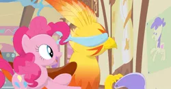 Size: 1241x643 | Tagged: artist:porygon2z, blindfold, derpibooru import, griffon the brush off, oc, oc:blaze, pinkie pie, pin the tail on the pony, safe