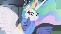 Size: 1280x720 | Tagged: safe, derpibooru import, screencap, princess celestia, princess luna, alicorn, pony, friendship is magic, season 1, castle of the royal pony sisters, crying, ethereal mane, female, heartwarming, hug, mare, neck nuzzle, royal sisters, s1 luna, sisters, tears of joy