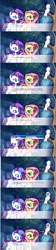 Size: 1804x8069 | Tagged: safe, artist:lilfunkman, derpibooru import, fluttershy, rarity, oc, oc:elara, owl, pegasus, pony, unicorn, fanfic:the enchanted library, choice, comic, dialogue, everfree forest, female, forest, glowing horn, looking back, magic, mare, music notes, raised hoof, telekinesis, text box, tree, tree branch, turning, visual novel