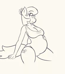 Size: 1311x1488 | Tagged: suggestive, artist:funble, derpibooru import, coco pommel, anthro, earth pony, unguligrade anthro, belly, big belly, breasts, busty coco pommel, clothes, coco preggo, female, leotard, mare, monochrome, one-piece swimsuit, pregnant, skintight clothes, smiling, swimsuit