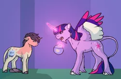 Size: 3450x2250 | Tagged: safe, artist:minsona, derpibooru import, twilight sparkle, twilight sparkle (alicorn), oc, oc:eden apple, alicorn, classical unicorn, goldfish, pony, unicorn, cloven hooves, colored wings, colt, description is relevant, female, fishbowl, glowing horn, leonine tail, levitation, magic, male, mare, mother and son, multicolored wings, necromancy, offspring, parent:big macintosh, parent:twilight sparkle, parents:twimac, scolding, spread wings, telekinesis, unshorn fetlocks, wings