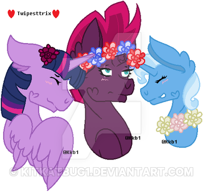 Size: 400x379 | Tagged: safe, artist:kitkatbug1, derpibooru import, fizzlepop berrytwist, tempest shadow, trixie, twilight sparkle, twilight sparkle (alicorn), alicorn, my little pony: the movie, female, floral head wreath, flower, lesbian, shipping, tempestlight, tempestrix, twixie, watermark