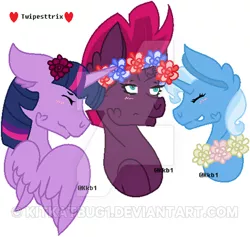 Size: 400x379 | Tagged: alicorn, artist:kitkatbug1, derpibooru import, female, fizzlepop berrytwist, floral head wreath, flower, lesbian, my little pony: the movie, safe, shipping, tempestlight, tempestrix, tempest shadow, trixie, twilight sparkle, twilight sparkle (alicorn), twixie, watermark