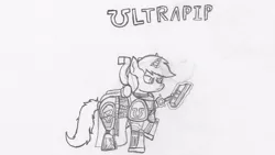 Size: 2637x1483 | Tagged: safe, artist:infinita est lux solis, derpibooru import, part of a set, oc, oc:littlepip, pony, unicorn, fallout equestria, fanfic, black and white, codex astartes, cutie mark, fanfic art, female, glowing horn, grayscale, hooves, horn, magic, mare, monochrome, pipbuck, roboute guilliman, simple background, solo, telekinesis, text, traditional art, ultramarine, warhammer (game), warhammer 40k, white background