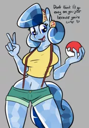 Size: 500x718 | Tagged: safe, artist:whatsapokemon, derpibooru import, oc, oc:heart song, unofficial characters only, anthro, crystal pony, earth pony, anthro oc, belly button, booty shorts, breasts, clothes, daisy dukes, dialogue, female, gray background, looking at you, misty brightdawn, open mouth, pokéball, pokémon, shirt, shorts, simple background, solo, thighs