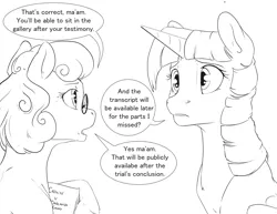 Size: 1320x1020 | Tagged: safe, artist:silfoe, derpibooru import, twilight sparkle, twilight sparkle (alicorn), alicorn, pony, royal sketchbook, black and white, dialogue, duo, female, glasses, grayscale, mare, misspelling, monochrome, simple background, speech bubble, white background