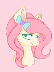 Size: 600x800 | Tagged: safe, artist:sugarfrosting, derpibooru import, oc, oc:sugar frosting, unofficial characters only, earth pony, pony, blue eyes, bow, bust, candy, cel shading, colored pupils, cute, eyelashes, female, hair bow, looking at you, mare, pink hair, simple background, sketchy, smiling, solo, styled hair