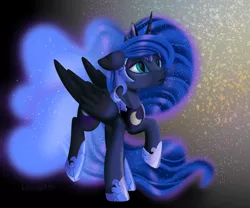 Size: 6000x5000 | Tagged: safe, artist:lavenderheartsmlp, derpibooru import, nightmare moon, princess luna, alicorn, pony, abstract background, absurd resolution, armor, conversion, crown, digital art, ethereal mane, ethereal tail, female, fissure, floppy ears, helmet, hoof shoes, jewelry, mare, peytral, regalia, signature, solo, transformation, transition