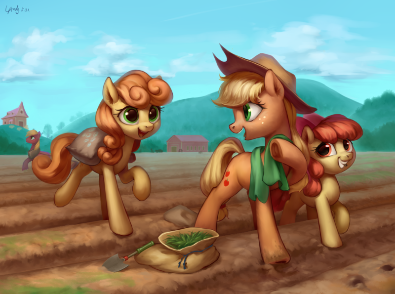 Size: 2347x1745 | Tagged: safe, artist:luciferamon, derpibooru import, apple bloom, applejack, big macintosh, carrot top, golden harvest, earth pony, pony, adorabloom, bow, cloud, cowboy hat, cute, cutie top, dirty, female, field, filly, freckles, gardening, grin, hair bow, happy, hat, jackabetes, looking back, male, mare, mouth hold, open mouth, planting, raised hoof, running, sky, smiling, squee, stallion, stetson, sweet apple acres, towel, trowel, underhoof