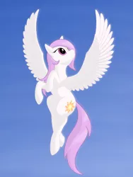 Size: 1500x2000 | Tagged: safe, artist:nebulastar985, derpibooru import, princess celestia, alicorn, pegasus, pony, fanfic:sunny skies all day long, cute, female, filly, flying, pegasus celestia, pink-mane celestia, race swap, sky, sky background, solo, spread wings, wings, younger