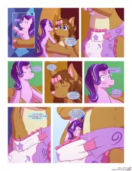 Size: 2975x3850 | Tagged: artist:weewizzylizzy, blushing, comic, derpibooru import, diaper, diaper fetish, fetish, kangaroo, living object, living toy, plushie, starlight glimmer, suggestive, twilight's castle