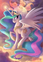 Size: 595x850 | Tagged: safe, artist:soulscapecreatives, derpibooru import, princess celestia, alicorn, pony, beautiful, cloud, cloudy, crown, cutie mark, ethereal mane, female, glow, jewelry, looking at you, looking back, majestic, mare, plot, pose, raised hoof, regalia, side view, signature, sky, solo, spread wings, wings