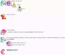 Size: 824x692 | Tagged: suggestive, artist:dziadek1990, derpibooru import, big macintosh, pinkie pie, pound cake, princess cadance, princess celestia, pumpkin cake, pony, arrested, conversation, dragonfire, emergency, emote story, emotes, female, fourth wall, implied sex, implied spike, joke, mare, reddit, slice of life, text, unamused, worth it