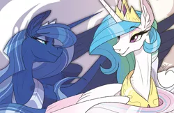 Size: 1500x971 | Tagged: safe, artist:probablyfakeblonde, derpibooru import, princess celestia, princess luna, alicorn, pony, abstract background, bust, crown, duo, ear fluff, female, jewelry, lidded eyes, looking at each other, mare, portrait, regalia, royal sisters, sharp horn, smiling, spread wings, wings