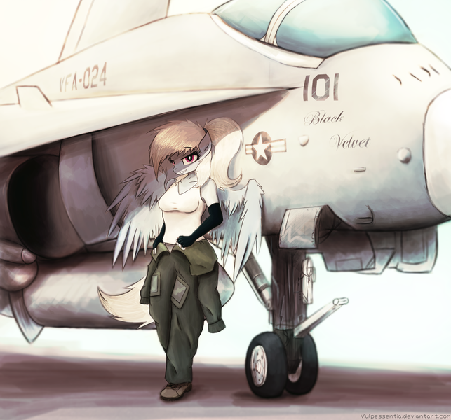 Size: 2535x2366 | Tagged: anthro, artist:vulpessentia, clothes, coveralls, derpibooru import, f/a-18 hornet, female, jet, jet fighter, looking at you, oc, oc:cirrus skybreaker, outfit, overalls, pegasus, pilot, plane, safe, shirt, shoes, smiling, smirk, solo, spread wings, standing, suit, t-shirt, unbuttoned, unofficial characters only, weapon, wings