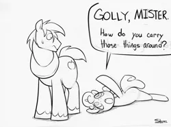 Size: 700x519 | Tagged: suggestive, artist:slypon, derpibooru import, big macintosh, sweetie belle, earth pony, pony, unicorn, :o, blank flank, cute, dialogue, female, filly, frown, implied balls, innocent, lineart, looking back, macabetes, male, monochrome, open mouth, pointing, side, simple background, sketch, stallion, sweat, sweatdrop, unshorn fetlocks, white background, wide eyes, yoke