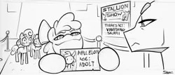 Size: 900x385 | Tagged: apple bloom, artist:slypon, blatant lies, bow, cutie mark crusaders, derpibooru import, fake id, meme, monochrome, nailed it, scootaloo, seems legit, sketch, strip club, suggestive, sweat, sweetie belle, trollface, trolling, u mad