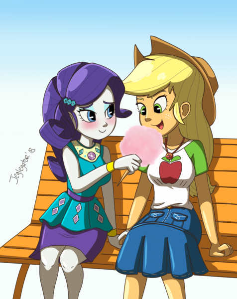 Size: 2592x3269 | Tagged: safe, artist:jeglegator, derpibooru import, applejack, rarity, equestria girls, equestria girls series, bench, blushing, clothes, cotton candy, couple, cowboy hat, cute, denim skirt, dress, duo, female, hat, holding hands, lesbian, rarijack, shipping, shirt, signature, sitting, skirt, smiling, stetson, t-shirt, treats