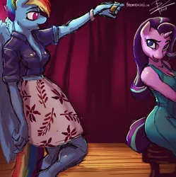 Size: 3191x3199 | Tagged: suggestive, artist:threewontoo, derpibooru import, part of a set, rainbow dash, starlight glimmer, anthro, pegasus, unicorn, alcohol, breasts, cleavage, clothes, dress, looking at each other, rainbow dash always dresses in style, sitting