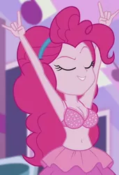 Size: 876x1280 | Tagged: suggestive, derpibooru import, edit, edited screencap, editor:ah96, screencap, pinkie pie, constructive criticism, equestria girls, equestria girls series, armpits, belly button, bra, breast edit, breasts, busty pinkie pie, cleavage, clothes, cropped, devil horn (gesture), eyes closed, female, pink underwear, polka dot underwear, sexy, skirt, solo, solo female, underwear, underwear edit