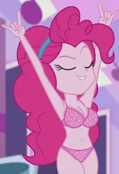 Size: 876x1280 | Tagged: suggestive, derpibooru import, edit, edited screencap, editor:ah96, screencap, pinkie pie, constructive criticism, equestria girls, equestria girls series, armpits, belly button, bra, breast edit, breasts, busty pinkie pie, cleavage, clothes, cropped, devil horn (gesture), e-cup bra, eyes closed, female, image, panties, pink underwear, png, polka dot underwear, sexy, solo, solo female, underwear, underwear edit