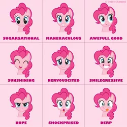 Size: 1080x1080 | Tagged: safe, derpibooru import, official, pinkie pie, earth pony, pony, angry, cute, derp, diapinkes, emotions, expressions, eyes closed, facebook, female, happy, mare, nervicited, open mouth, pink, pretty, smiling, solo, teeth, text, tongue out