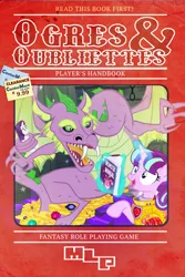 Size: 1024x1536 | Tagged: safe, artist:pixelkitties, derpibooru import, rarity, spike, starlight glimmer, dragon, pony, unicorn, book, dragon hoard, dungeons and dragons, female, fire ruby, gem, glowing horn, hoard, magic, mare, monster manual, ogres and oubliettes, older, older spike, parody, pen and paper rpg, rpg, ruby, smiling, telekinesis, treasure