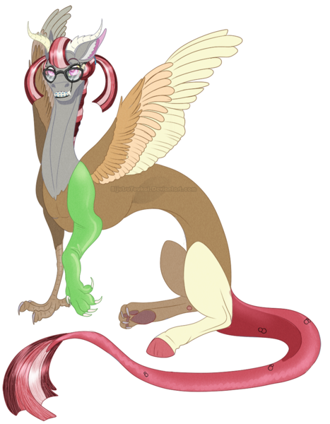 Size: 921x1184 | Tagged: artist:bijutsuyoukai, derpibooru import, draconequus, female, interspecies offspring, oc, offspring, parent:discord, parent:moondancer, parents:discodancer, safe, simple background, solo, transparent background