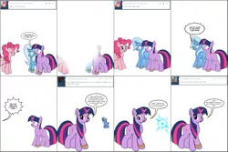 Size: 2412x1608 | Tagged: safe, artist:dekomaru, derpibooru import, edit, pinkie pie, trixie, twilight sparkle, oc, oc:nebula, pony, unicorn, tumblr:ask twixie, ask, comic, female, lesbian, magical lesbian spawn, oblivious twilight is oblivious, offspring, parent:trixie, parent:twilight sparkle, parents:twixie, race swap, shipping, teleportation, tumblr, twixie, unicorn pinkie pie, unicorn twilight