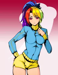 Size: 2550x3300 | Tagged: alternate hairstyle, artist:reddgeist, clothes, derpibooru import, female, gradient background, hand on hip, human, humanized, looking at you, rainbow dash, safe, shorts, solo, sports, sports outfit, sports shorts, tight clothing