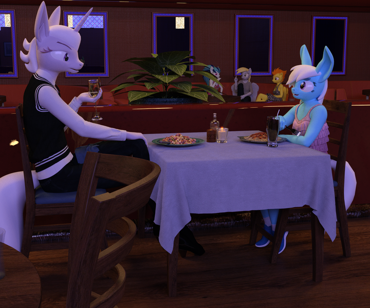 Size: 2400x2000 | Tagged: 3d, adopted offspring, alcohol, anthro, artist:tahublade7, big ears, bucktooth, candle, clothes, daz studio, derpibooru import, derpy hooves, dining table, dress, female, food, high res, oc, oc:minolta grandeur, parent:photo finish, parents:zestyfinish, pasta, plant, plantigrade anthro, restaurant, safe, shoes, sneakers, soda, sonata dusk, spaghetti, spitfire, table, vest, wine, zesty gourmand