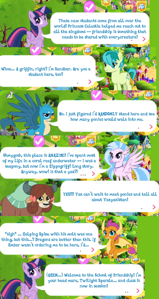 Size: 739x1384 | Tagged: alicorn, bon bon, derpibooru import, dialogue, gallus, gameloft, safe, sandbar, school daze, silverstream, smolder, sweetie drops, twilight sparkle, twilight sparkle (alicorn), vinyl scratch, yona