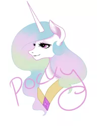 Size: 1000x1300 | Tagged: alicorn, artist:pockypocky, bust, color, derpibooru import, female, flowing mane, horn, lineart, mane, mare, peytral, portrait, princess celestia, rainbow, safe, simple background, solo, watermark
