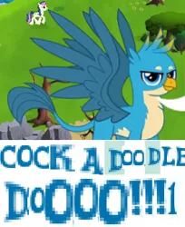 Size: 276x339 | Tagged: safe, artist:horsesplease, derpibooru import, bon bon, gallus, sweetie drops, gryphon, school daze, behaving like a rooster, caption, cock-a-doodle-doo, crowing, expand dong, exploitable meme, flanderization, gallus the rooster, gameloft, image macro, meme, namesake, pun, silly griffon