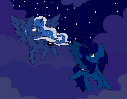 Size: 411x321 | Tagged: safe, artist:midnightamber, derpibooru import, princess luna, oc, oc:midnight, alicorn, pony, alicorn oc, cloud, duo, female, flying, mare, moon, night, pixel art, sky, stars