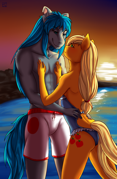 Size: 1312x2000 | Tagged: suggestive, artist:teshima, derpibooru import, applejack, oc, oc:hiroki, anthro, earth pony, 2 handfuls of dem hips, anthro oc, beach, canon x oc, clothes, couple, embrace, female, hirojack, imminent kissing, looking at each other, male, mare, smiling, stallion, sunset, swimming trunks, swimsuit, water, ych result