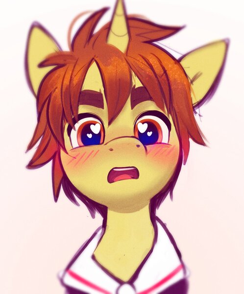 Size: 1170x1409 | Tagged: safe, artist:imalou, derpibooru import, ponified, pony, unicorn, blushing, bust, cardcaptor sakura, clothes, floppy ears, gradient background, heart eyes, male, open mouth, portrait, shirt, solo, stallion, syaoran li, wingding eyes