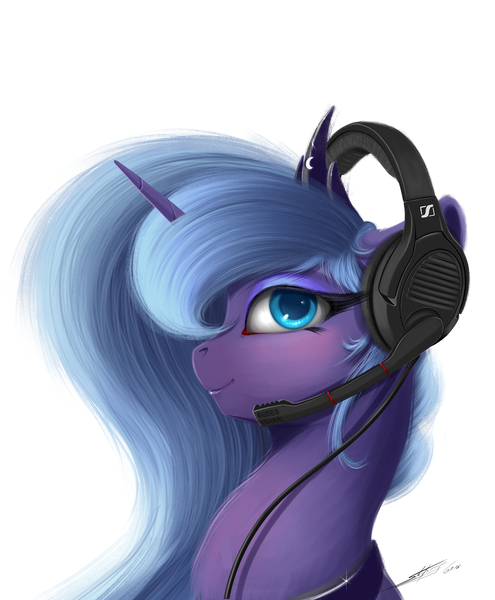 Size: 1650x2000 | Tagged: safe, artist:skitsniga, derpibooru import, princess luna, alicorn, pony, gamer luna, bust, female, headphones, headset, mare, s1 luna, sennheiser, simple background, solo, white background