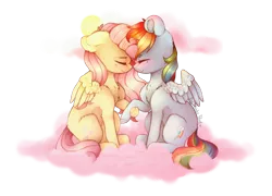 Size: 1024x738 | Tagged: safe, artist:twinkepaint, derpibooru import, fluttershy, rainbow dash, pegasus, pony, chest fluff, cloud, eyes closed, female, flutterdash, holding hooves, lesbian, mare, on a cloud, shipping, simple background, sitting, smiling, transparent background, wings