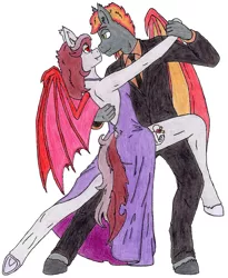 Size: 2399x2929 | Tagged: safe, artist:deathless-master, derpibooru import, oc, oc:savory zest, oc:scarlet quill, unofficial characters only, anthro, bat pony, unguligrade anthro, bat pony oc, clothes, couple, dancing, dress, fangs, female, gift art, glasses, husband and wife, looking at each other, male, mare, married couple, oc x oc, scarlory, shipping, slit eyes, smiling, stallion, straight, suit, tango