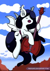 Size: 600x849 | Tagged: safe, artist:piripaints, derpibooru import, ponified, bat pony, pegasus, pony, vampire, vampire fruit bat, adventure time, bass guitar, crossover, eyes closed, female, flying, marceline, mare, musical instrument, sharp teeth, solo, teeth