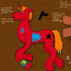 Size: 800x800 | Tagged: semi-grimdark, artist:disneycarsmilo, derpibooru import, oc, oc:albumstar, unofficial characters only, pony, unicorn, comic:fallout equestria: stay alive, fallout equestria, blood, bullet hole, comic, cutie mark, eyes closed, eyestrain warning, floppy ears, gun, handgun, hooves, horn, lying down, male, needs more saturation, noodle legs, pipbuck, pistol, solo focus, stallion, wasteland, weapon