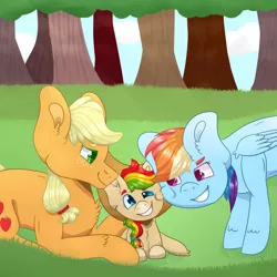 Size: 1024x1024 | Tagged: safe, artist:zevhara, derpibooru import, applejack, rainbow dash, oc, oc:zap apple, appledash, cute, female, lesbian, magical lesbian spawn, next generation, offspring, parent:applejack, parent:rainbow dash, parents:appledash, shipping, smiling, tree