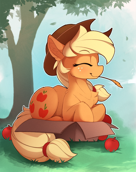 Size: 1520x1925 | Tagged: safe, artist:yakovlev-vad, derpibooru import, applejack, earth pony, pony, apple, applecat, behaving like a cat, box, chest fluff, cowboy hat, cute, daaaaaaaaaaaw, eyes closed, female, food, hat, if i fits i sits, jackabetes, mare, pony in a box, ponyloaf, prone, solo, straw in mouth, tree, yakovlev-vad is trying to murder us