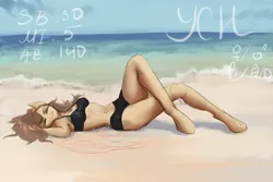 Size: 1024x683 | Tagged: suggestive, artist:zefirayn, derpibooru import, oc, unofficial characters only, anthro, earth pony, unguligrade anthro, advertisement, anthro oc, auction, beach, breasts, commission, digital art, female, happy, lying down, mare, ocean, smiling, solo, water, ych example, your character here