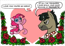 Size: 603x427 | Tagged: safe, artist:gingerfoxy, derpibooru import, doctor caballeron, pinkie pie, earth pony, pony, pony couple generator, caballepie, doll, female, flower, heart, male, pony x doll, rose, shipping, straight, toy