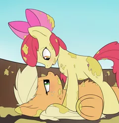 Size: 1441x1495 | Tagged: apple bloom, applecest, applejack, applesauce, artist:whiskeypanda, bloomjack, blushing, cheek fluff, chest fluff, derpibooru import, drawthread, eye contact, female, implied foalcon, incest, lesbian, looking at each other, request, shipping, sports, suggestive, wrestling