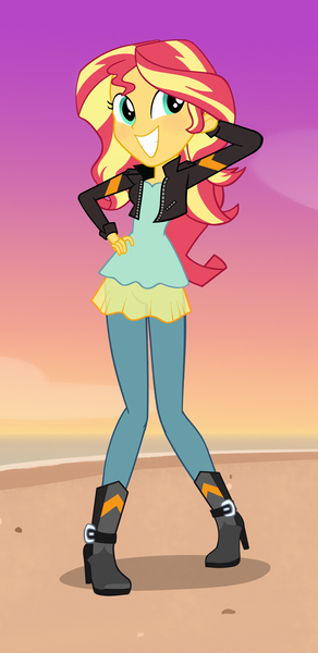 Size: 1441x2960 | Tagged: safe, artist:invisibleink, derpibooru import, sunset shimmer, equestria girls, forgotten friendship, friendship games, arm behind head, beach, blushing, boots, clothes, commission, cute, female, full body, jacket, shoes, smiling, solo, sunset